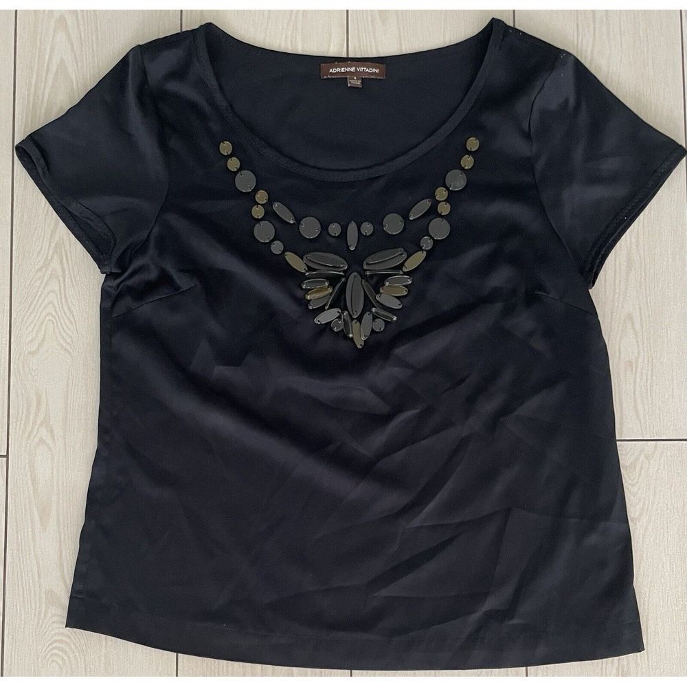 Adrienne Vittadini Satin Amber Beaded Necklace Short Sleeve Blouse Shirt Black 4